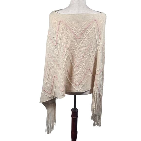 Karma Cream & Peach Textured Knit Poncho Pullover Fringe Boho Hippie Festival - Picture 5 of 7